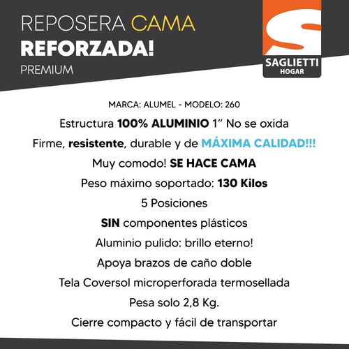 Imagen 3 de 10 de Reposera Cama Aluminio Brillante Alta Refozada 130 Kg Alumel