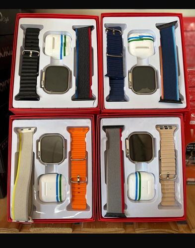 Smartwatch Reloj Inteligente Mas Auriculares Portatiles Rojo Deportivo Y Tela Gris Y Naranja Gris