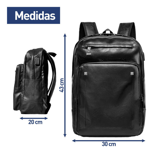 ** Mochila De Cuero Con 3 Bolsillos Casual Bluelander 30l Con Sistema Antirrobo Color Negro Liso
