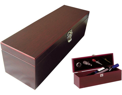Caja De Madera Para Vino Color Caoba Con Set De 4 Accesorios