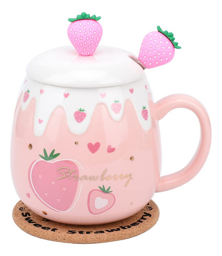 Taza Rosa, Bonita Taza De Fresa Con Cuchara Cubierta, Taza D