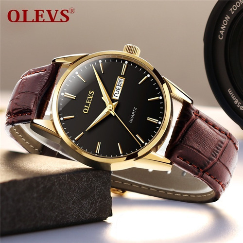 Relógio Masculino Dourado Social Olevs Pulseira Em Couro