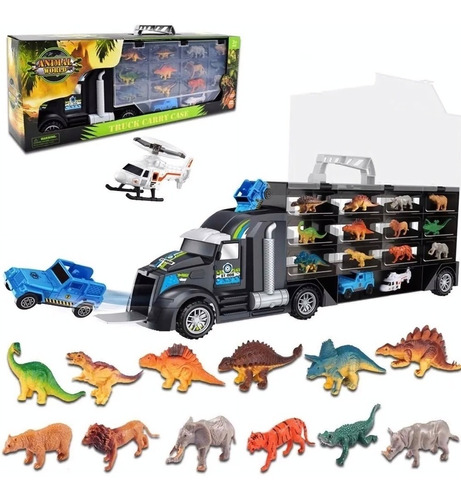 Camión Jurásico Con Dinosaurios Animales, Helicóptero Y Jeep