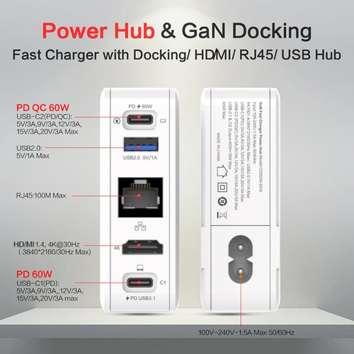 Cargador 65w + Hub Multipuertos Velocidad 5 Gbps