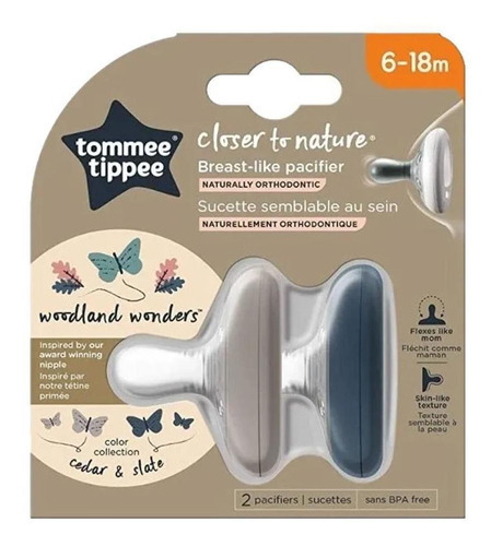 Chupete Tommee Tippee Woodland Wonders de 6 a 18 meses, paquete de 2, color gris, período de edad de 6 a 12 meses