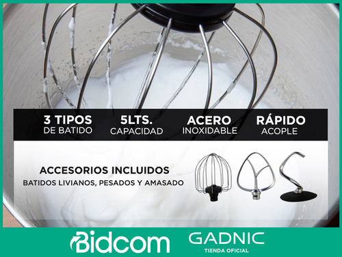Batidora Planetaria Gadnic 1200w Cocina Panes 5 L Inoxidable