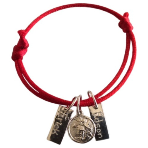 Pulsera Roja Con Dije Arcángel Miguel Y Placa Nombre Plata