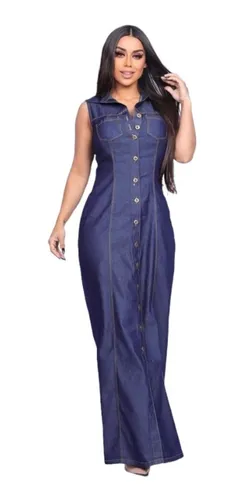 Vestido Jeans Fino Modelo Longo Manga Cavada Confortavel