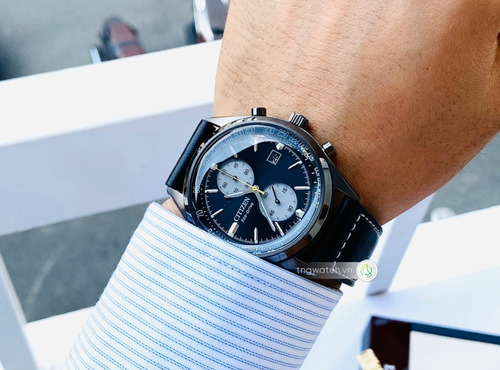 Citizen Chandler Black Leather Chrono Ca7027-08e Color de la correa Negro Color del bisel Plata Color del fondo Negro