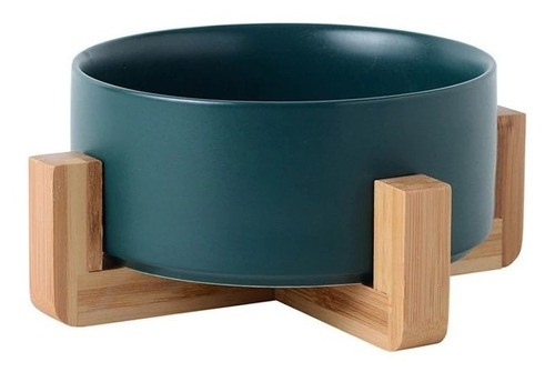 Comedero Bebedero Ceramico Base Madera Gato Perro Verde M