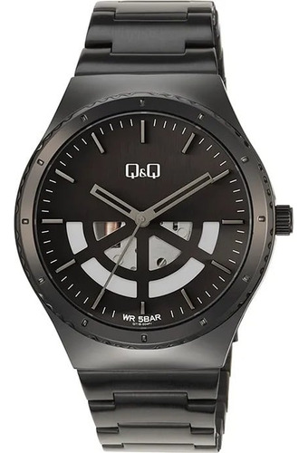 Reloj Q&q Q71b 004py Acero Inoxidable Pavonado Skeleton Correa Negro Bisel Negro Fondo Negro