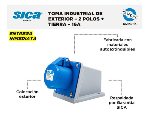 Imagen 2 de 3 de Toma Industrial Sica De Exterior - 2 Polos + Tierra - 16a