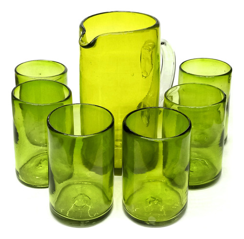 Set Jarra Cilíndrica 6 Vasos Agua Color Sólido Y Asa Cristal