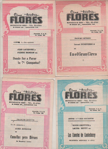 Lote De 4 Programas Cine * Teatro Flores * Año 1974 (Usado)