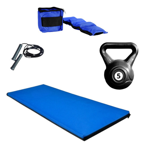 Kit Colchoneta Gimnasia + Soga + Pesa Rusa + Tobilleras Gym 