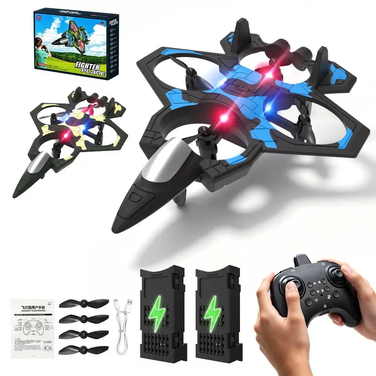 Drone Design Avião De Controle Remoto Crianças Iniciantes Brinquedo Drone Com Luz E 2 Baterias Recarregável Azul