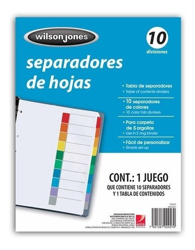 Separador P/ Carpeta Ceja D Color 10 Divisiones Wilson Jones