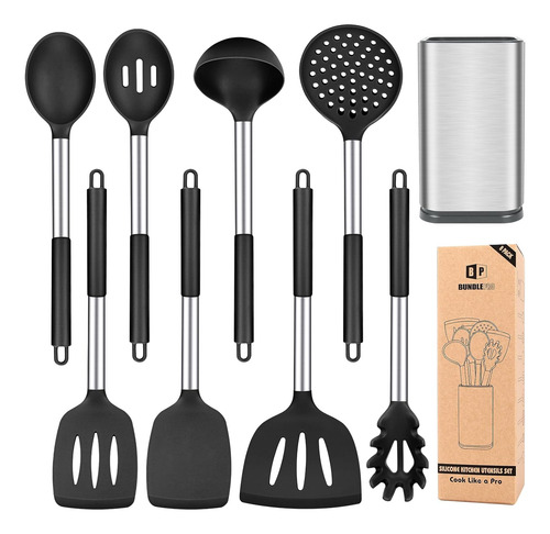 Juego 8 Utensilios Silicona Antiadherente Mango Acero Inoxid