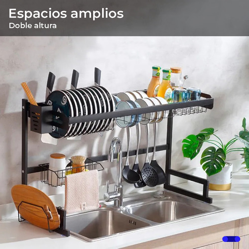 Escurridor Trastes Alto Fregadero 2 Niveles Acero Inoxidable Negro