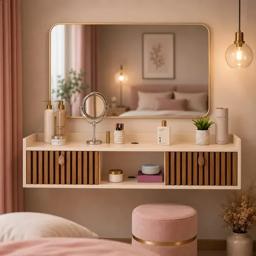 Penteadeira Suspensa 90cm Com 2 Portas Para Quarto Casal Off-white Ripado