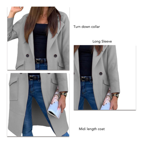 Long Sleeve Coat Jacket Midi Length Large Pockets Turn Down