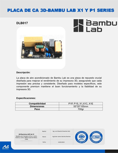 Placa De Ca 3d-bambu Lab X1 Y P1 Series Dlb017 Bambu Lab