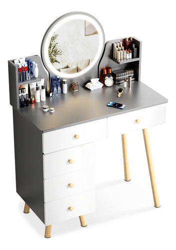 Tocador Con Espejo De Luz Led Y Taburete Comoda Extendible