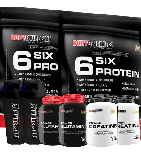 Kit Six Protein 900g + 2x Glutamina + 2x Creatina +2x Shaker Sabor Morango