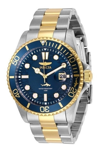 Reloj pulsera Invicta Pro Diver 30021 de cuerpo color acero, analógico, para hombre, fondo azul, con correa de acero inoxidable color acero y oro, agujas color blanco y oro, dial blanco y oro, minutero/segundero blanco, bisel color azul y oro y desplegable