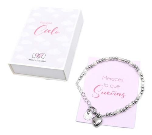 Pulsera Cielo De Acero Y Perlitas De Vidrio Con Corazón