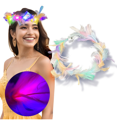 Corona Tiara Plumas Multicolor Pastel Luz Led Fiesta Aureola