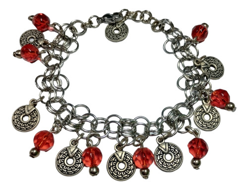 Pulsera Cristal Rojo Y Runas Cadenas Acero Quirúrgico