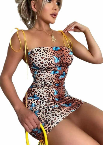 En Stock Abfa Shop Vestido Leopardo Print Mariposas Tirantes