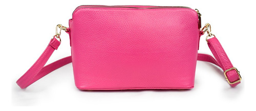 Bolso Bandolera De Cuero Con Doble Cremallera, Color Rosa Fucsia Lisa Níquel Fucsia