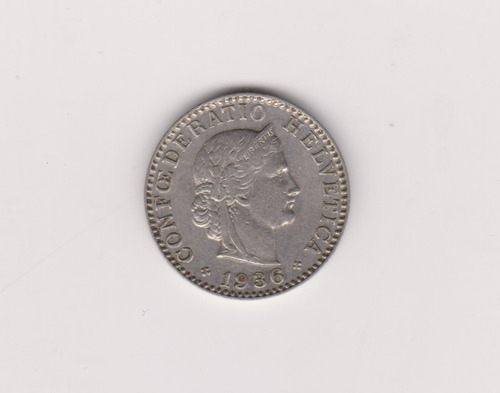Moneda Suiza 20 Rappen Año 1936 Muy Bueno +