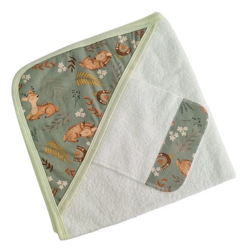 Toallon Con Capucha Estampada Y Babita Para Bebe Verde Musgo