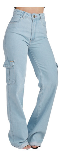 Calça Jeans Wide Leg Cargo Bolso Lateral Azul Lançamento