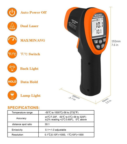 Termometro Digital Infrarrojo Pistola Temperatura -50 1500