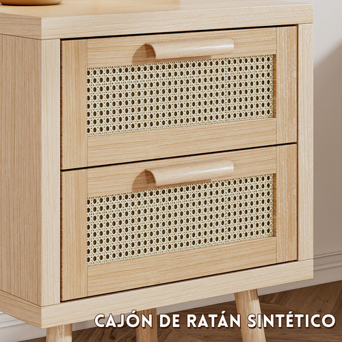 Velador Con Rattan De Madera Con 2 Cajón 40x40x58 Cm Ocre