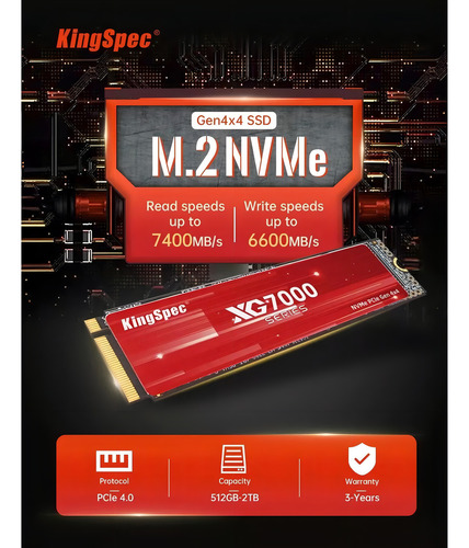 SSD Kingspec M.2 NVMe/PCIe 2280 XG7000 de 2 TB, ideal para PS5, 3 años, rojo