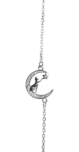 Pulsera De Plata Fina 925 Gato,estrella, Sobre Luna Diámetro 16 Cm