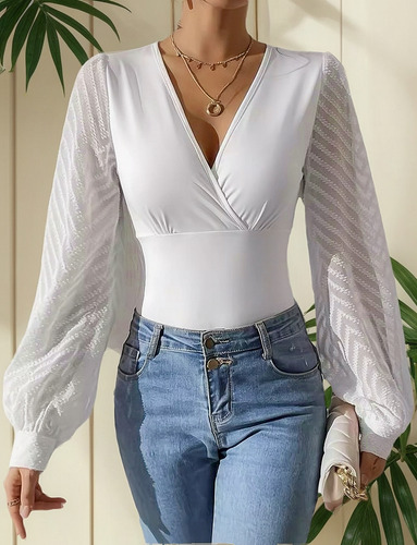 Camiseta De Manga Larga Con Cuello En V Para Mujer