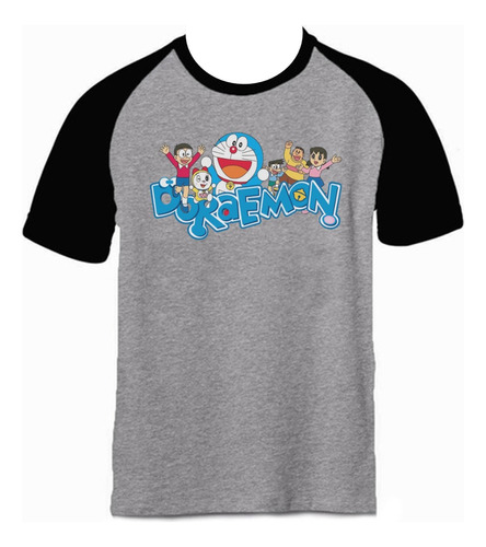 Camiseta Doraemon Anime Ranglan Gris Hombre Manga Corta