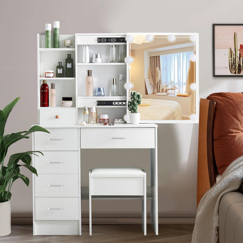 Abesthink Espejo De Maquillaje Con Taburete Y Almacenamiento