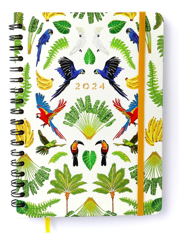 Agenda Planner 2024 Cicero Wire-o Semanal Checklist 17x24cm Cor da capa Pássaros/Floresta Tropical Branco