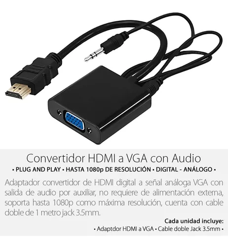 Convertidor Hdmi A Vga Con Audio 3.5mm Cable Adaptador Vídeo