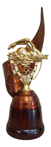 Trofeo Metálico Natación Grande Olímpico 28cm Base Madera