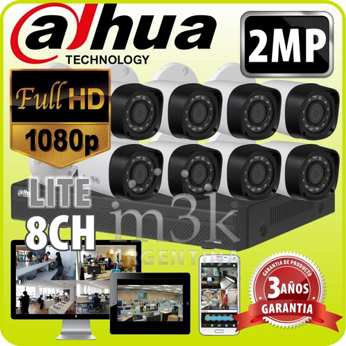 Kit Seguridad Dahua Full Hd Dvr 8 + 8 Camaras 2mp 1080p Exterior Infrarrojas + Ip Visualiza X Celular P2p Cctv