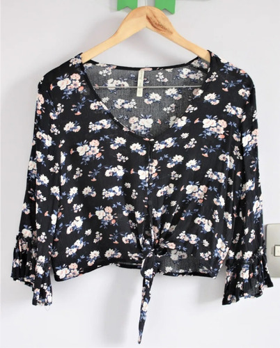 Blusa Crop Top Azul Marino Con Flores Talla S Mangas Poeta