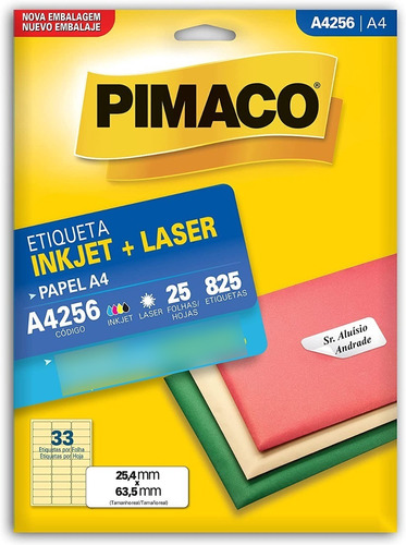 Etiqueta Ink-jet/laser A4 25,4x63,5 256 Pimaco 825 Unidades